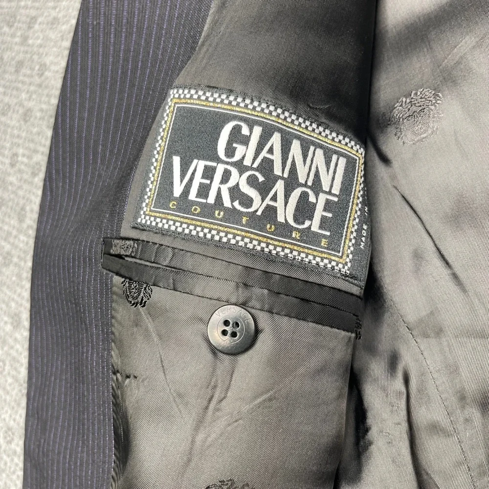 Gianni Versace Couture Mens Black Purple Pinstripe Wool Suit 42R W30xL30 - FLAW